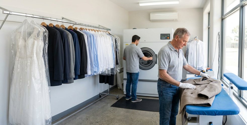 Workers pressing garments in a small dry cleaning shop with suits, dress shirts, and a wedding gown on racks